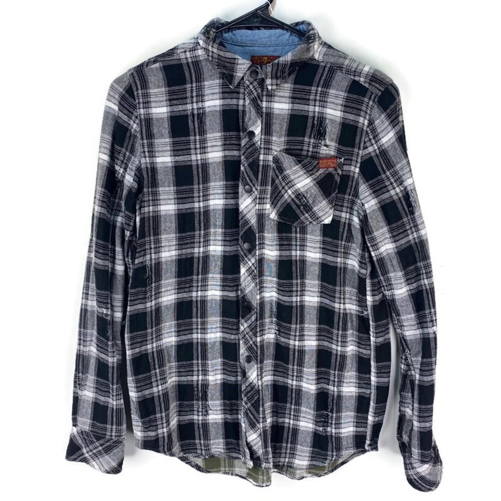 7 for all Mankind Plaid Button Up Flannel Shirt Distressed